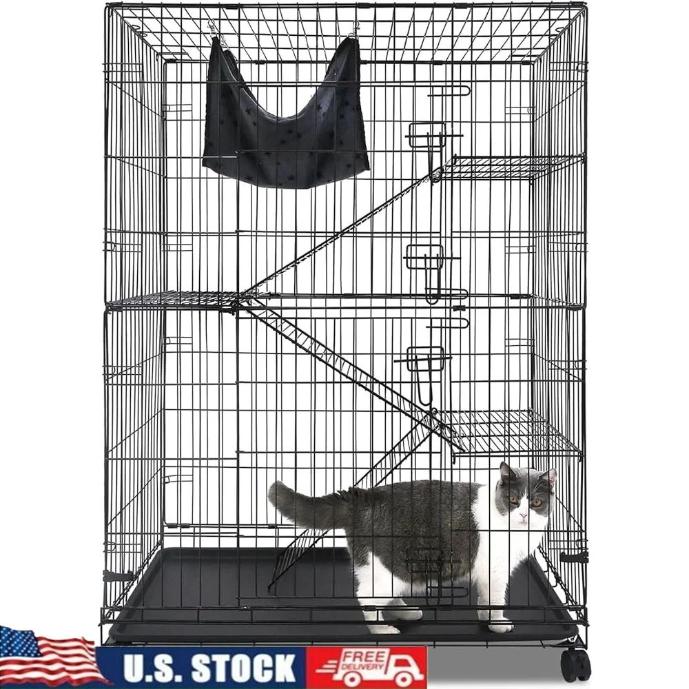 

4-Tier Large Cat Cage Indoor Multifunctional Cat Crate Collapsible Cat Kennel with Fall-Proof Ramps and Cozy Hammock