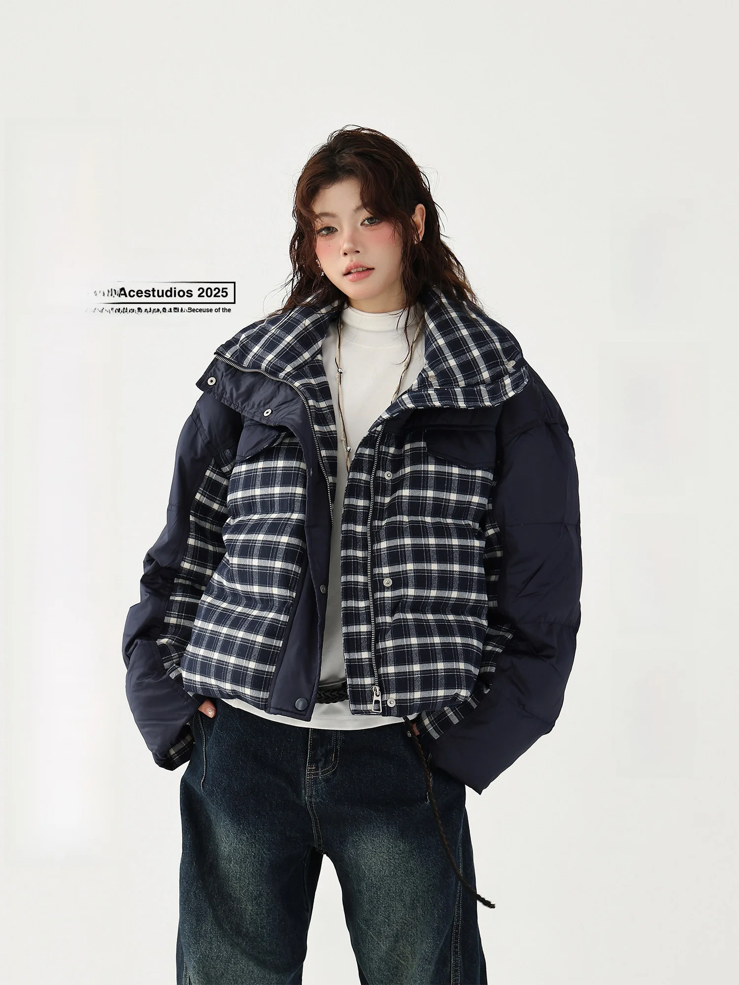 

Korean Sle Thiened 90 White Du down Puffer Jaet ort Plaid Splicing Stand Collar Bread Coat Women's Winter Outerwear
