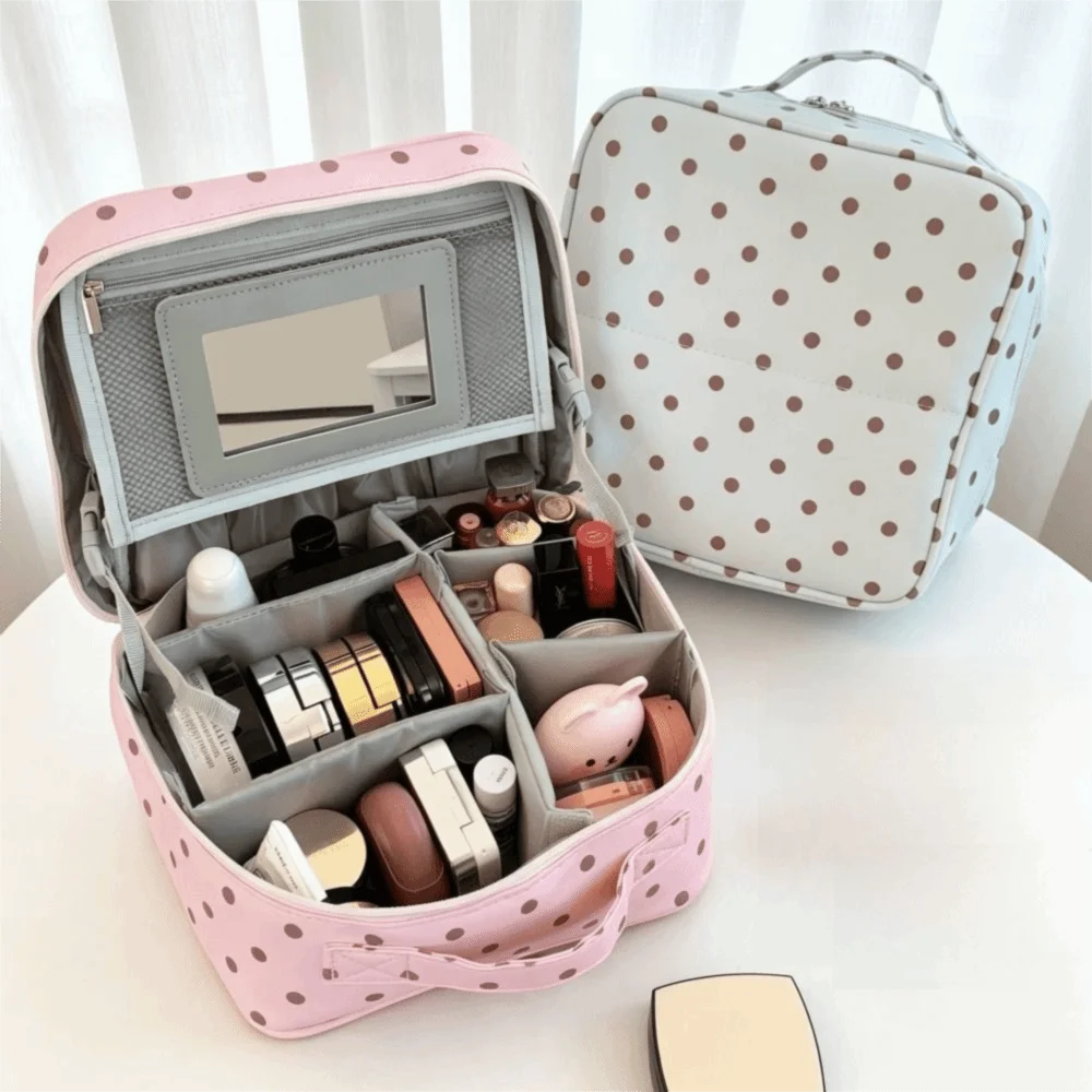 Polka Dot Handheld Makeup Bags Multi-Partition Foldable Toiletry Pouch Large Capacity Portable Cosmetics Organizer Travel Use