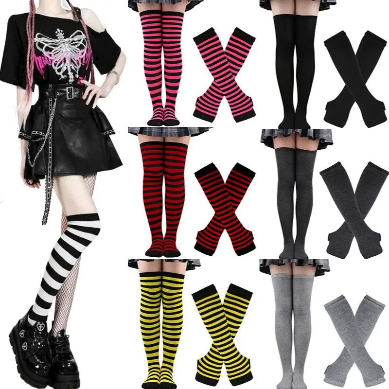 1Set Color Striped Stockings Japanese Over Knee Socks Arm Sleeve Gloves Keep Warm Soks Slim Long Soks Christmas Striped Hosiery