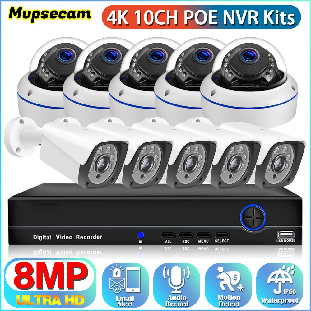 4K Security Camera System 10CH 8MP HD POE NVR Kit CCTV Audio Record AI Face Detect Outdoor Video Surveillance IP Camera System