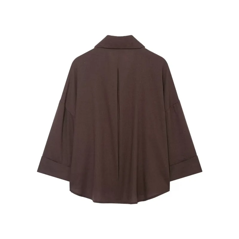 HipSeam レディース ジョニーカラーシャツ 2026 春 アシンメトリーヘム ボタン ワイドスリーブ レディース トップス シンプル レディース リネンシャツ＆ブラウス