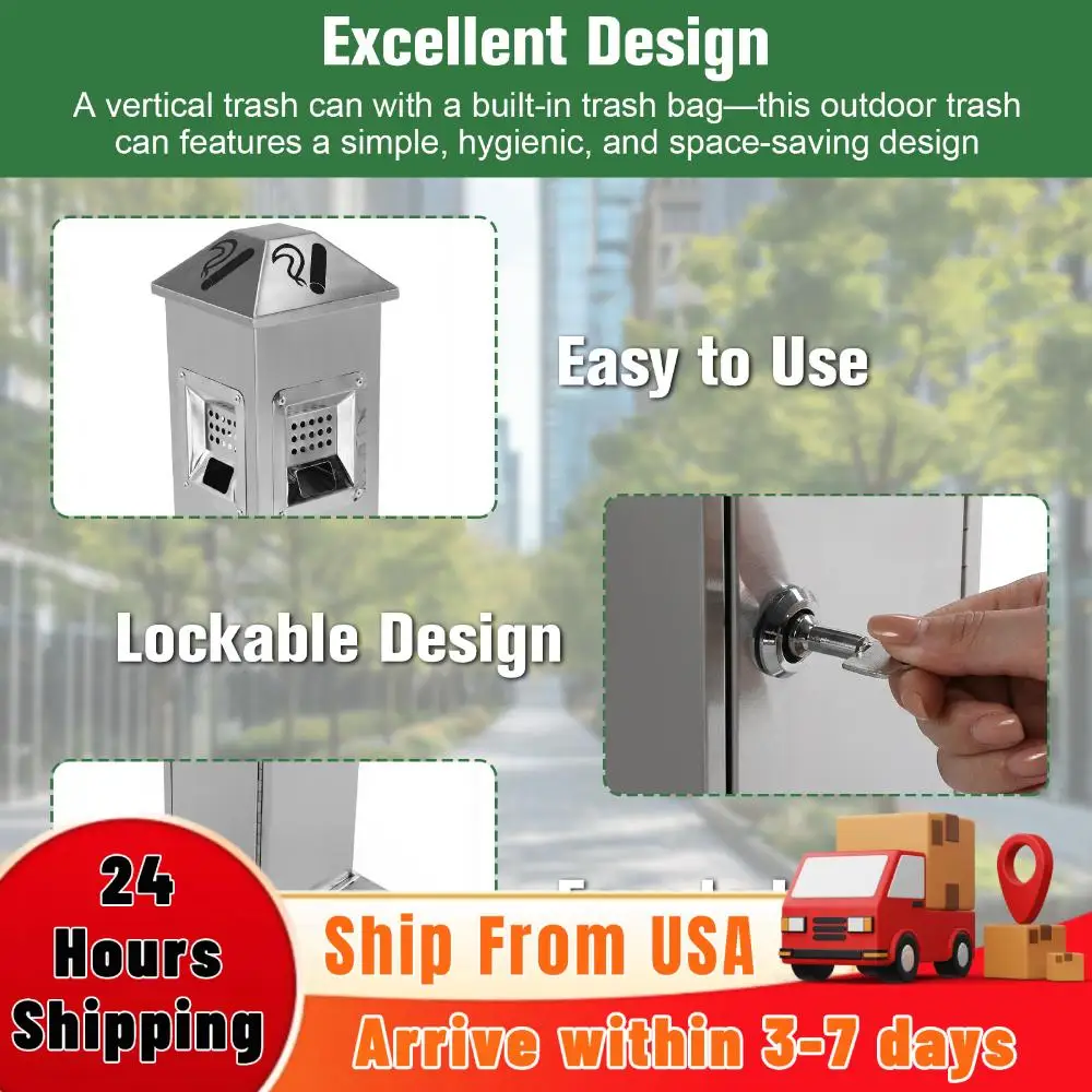 

Металлическое вертикальное мусорное ведро высотой 43,7 дюйма с ключом, напольный контейнер для мусора с внутренним ведром для дома, улицы, бассейна, двора, офиса, отеля