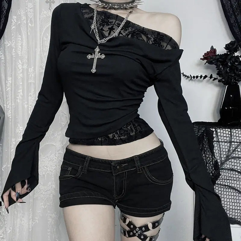 

Fashion Skew Collar Dark Gothic Pullovers Women's Clothing Off Shoulder Spring Autumn Lace Patchwork Slim Long Sleeve T-shirts