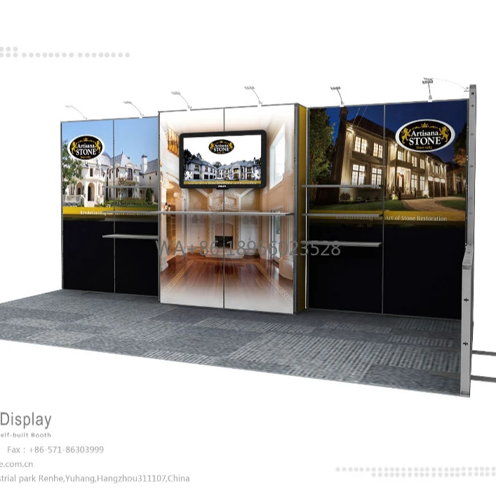 Cabine de exposição modular de tecido reutilizável com gráfico