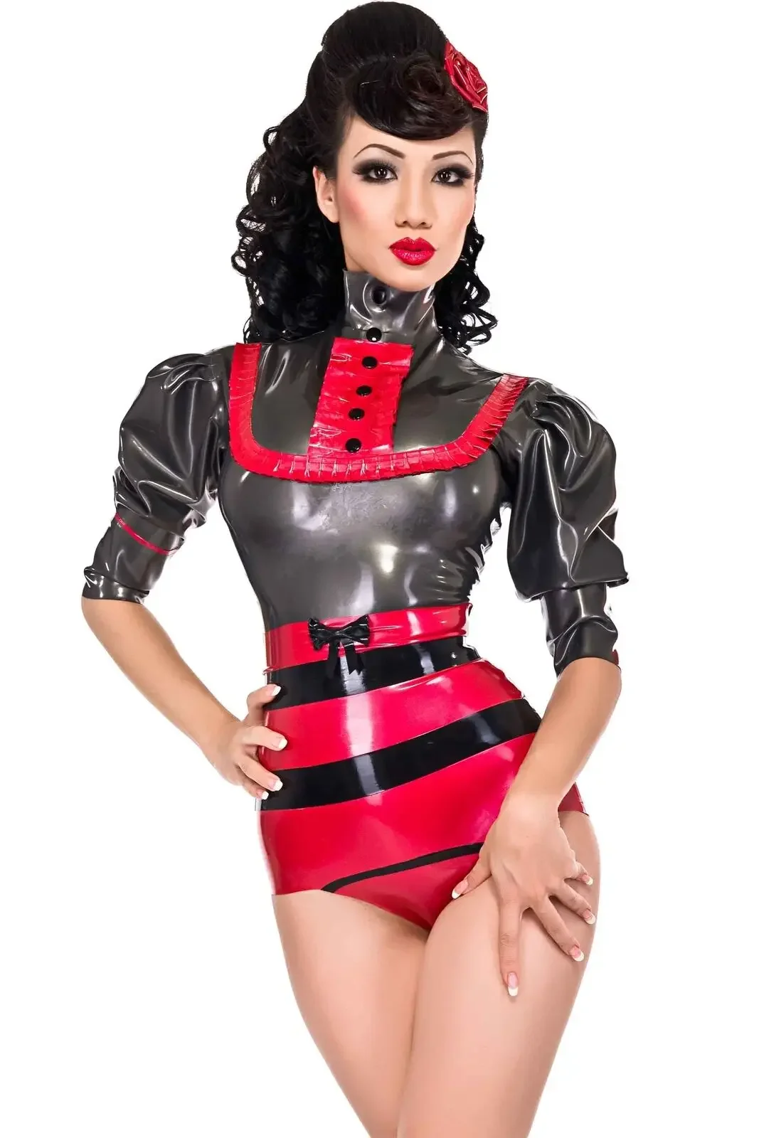 Fashion Metrobelle Latex Top Pearl Sheen Pewter with Red Trim Handmade S-XXL