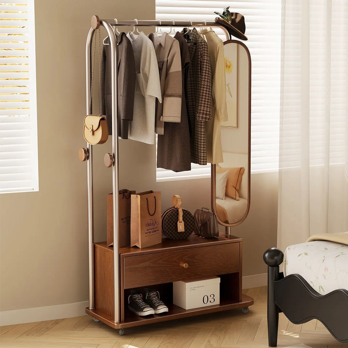 Modern minimalist removable hanger floor-to-ceiling multi-function with full-body mirror stainless steel home bedroom coat rack