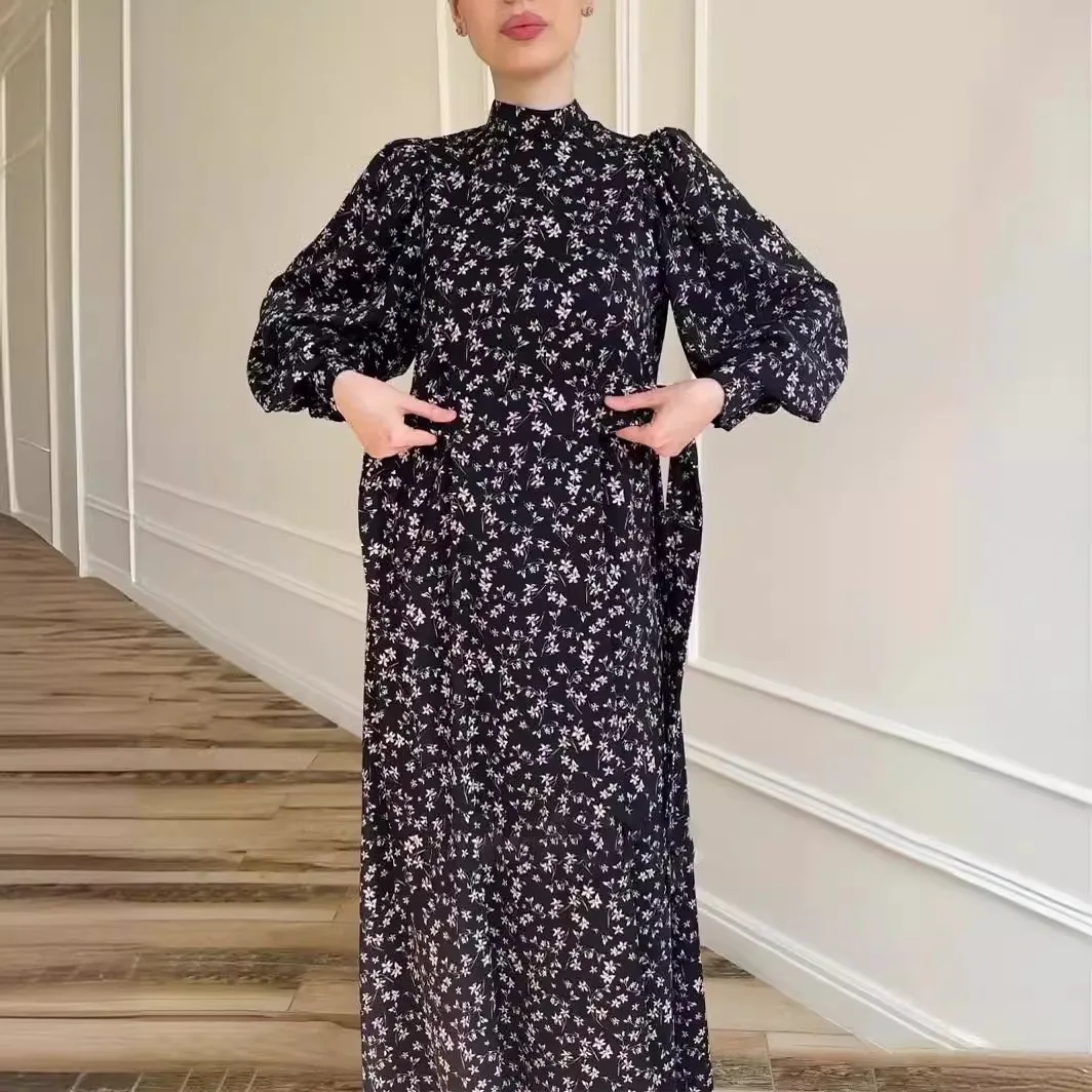 فستان ربيعي 2024 من الساتان المزين بالزهور من الدانتيل فضفاض مع تنورة طويلة بأكمام طويلة #2