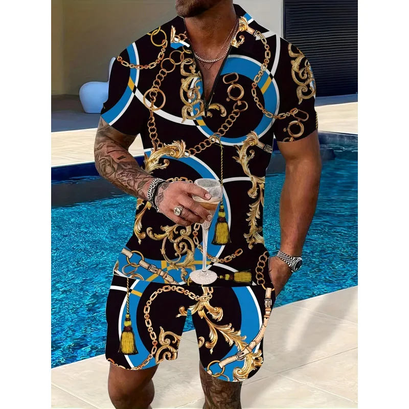 

New European and American Plus-size Men's Comfortable Two-piece Chain Series Printed Lapel Short-sleeved T-shirt and Shorts