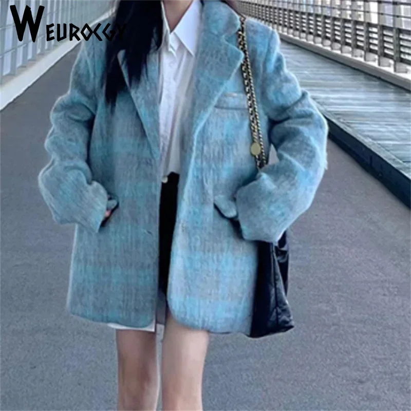 

2024 Autumn Winter New Vintage Plaid Tweed Blazers Women Fashion Casual Office Streetwear Jackets High Street Loose Suit Coats