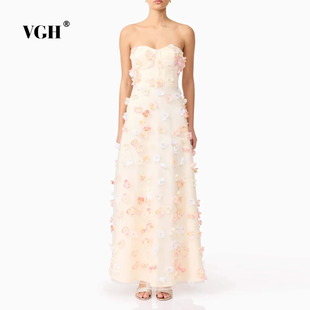 

VGH Sweet Slimming Spliced Appliques Long Dresses For Women Strapless Sleeveless Backless High Waist Elegant Dress Female New