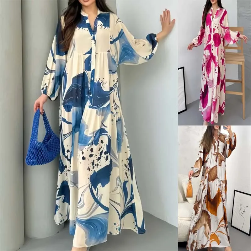 Loose Bohemia Women Maxi Dress Collar Lantern Sleeve Casual Long Dress for Lady Daily Vacation Wear