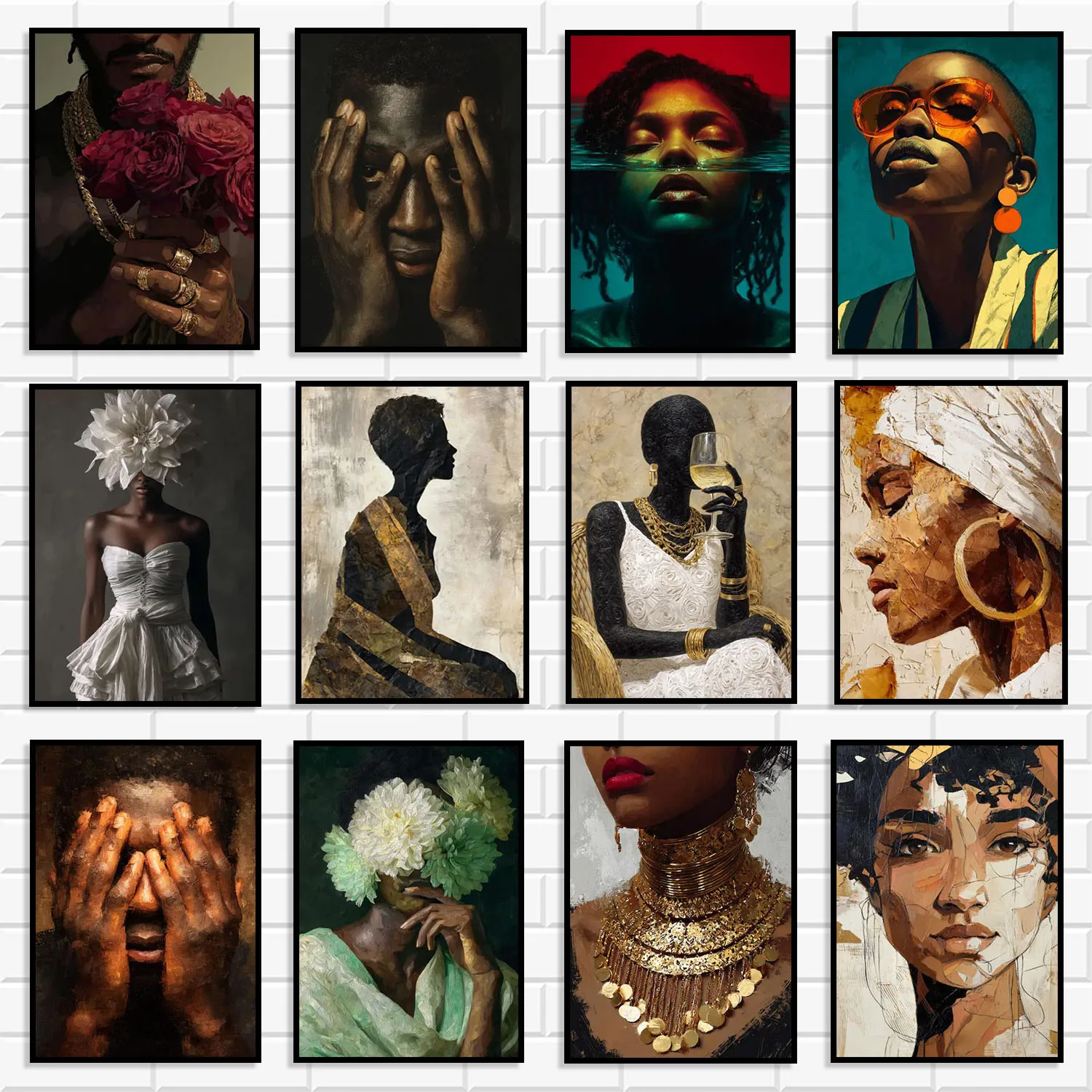 Modern African American Portrait Diamond Wall Art Set Elegant Black Woman Man Gold Accent Figure Prints for Home Room  Decor
