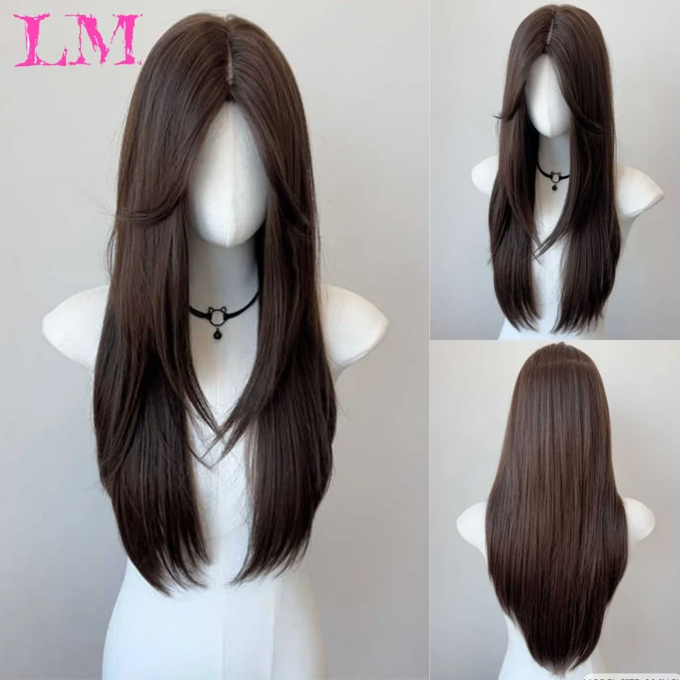 LM Wig Female 30inch Long Hair Curtain Bangs Layered Nature Straight Hair Cosplay Synthetic Wigs Lolita Perruque