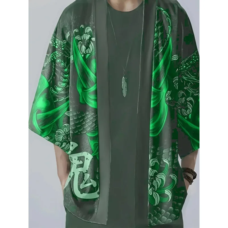 اليابانية التقليدية الساموراي كيمونو الرجال النساء أنيمي التنين مطبوعة الأخضر فضفاض سترة 3/4 كم Harajuku Haori تأثيري قميص