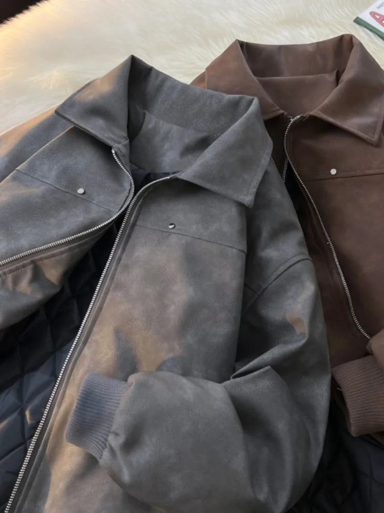 

Мужская зимняя куртка из утолщенной искусственной кожи с хлопковой подкладкой, на молнии, в повседневном стиле, с эффектом утяжки, американская модель