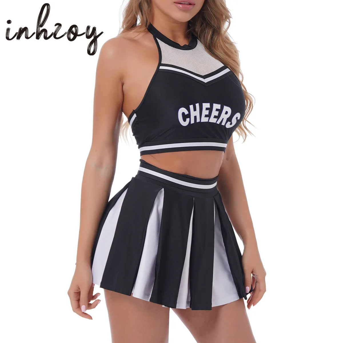 

Halter Cheerleading Uniform Womens Cheerleader Dance Costume Outfit Backless Crop Top&Pleated Skirt Set Carnival Cheer Suit