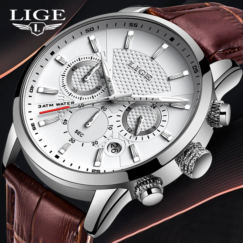 LIGE Fashion Leather Watch Men Army Military Quartz Mens Watches Top Brand Luxury Sports Waterproof Watch For Men Reloj Hombre