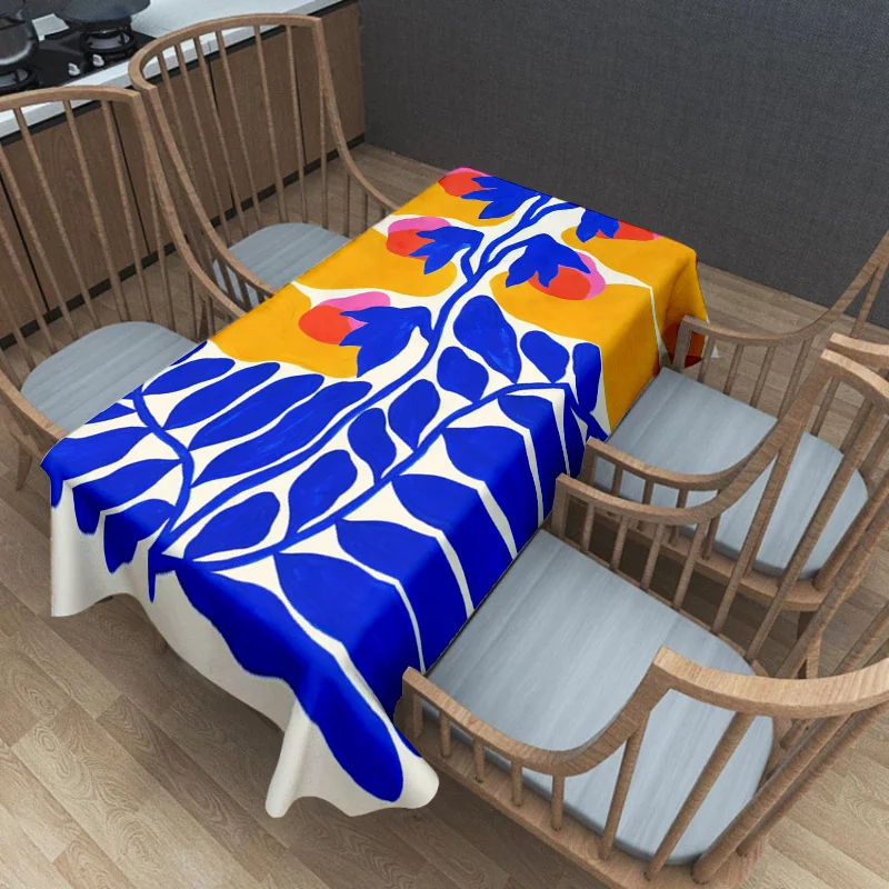 1pc Yellow & Blue Color-Blocking Branches & Leaves Tablecloth - Polyester Rectangular Table Cover for Kitchen, Dining, Bedroom