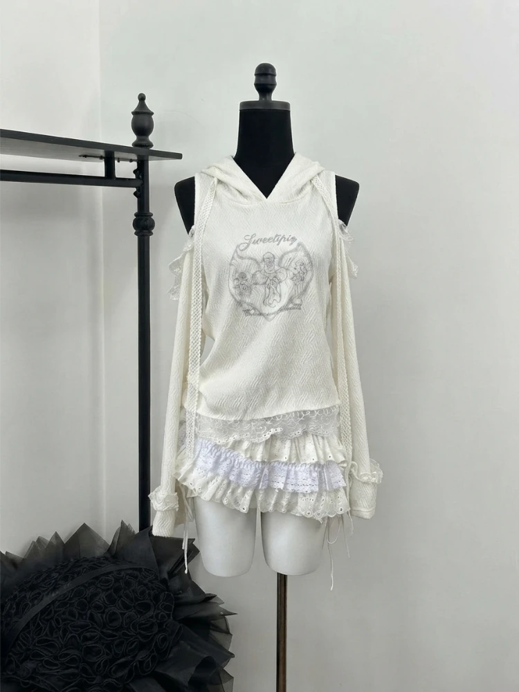 Sweet Kawaii Y2K 2 Piece Set Women Lolita Off Shoulder Hooded Lace Trim Ruffle Hem Loose Fit Crop Top Mini Skirt Korean Fahion