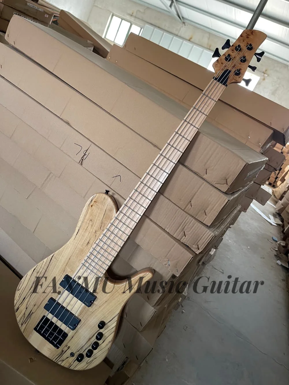 5 String natural bass guitar, Spalted Maple top, maple neck running through ASH wood body, black bridge, active battery
