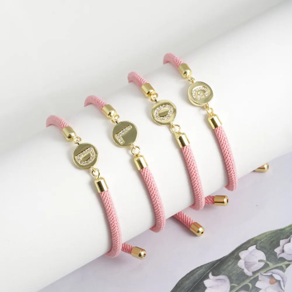 Fashion New Round Shape White Zircon 26 English Letters Pull Push Pink Color Rope Chain Bracelet Sweet Cute Women Jewelry