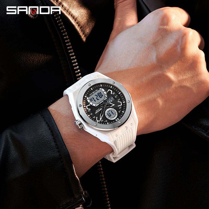 Sanda 3138 Led Analog Digital Display Alarm Mode Wrist Clock For Men Trendy Fashion Waterproof Outdoor Sports Stop Watch