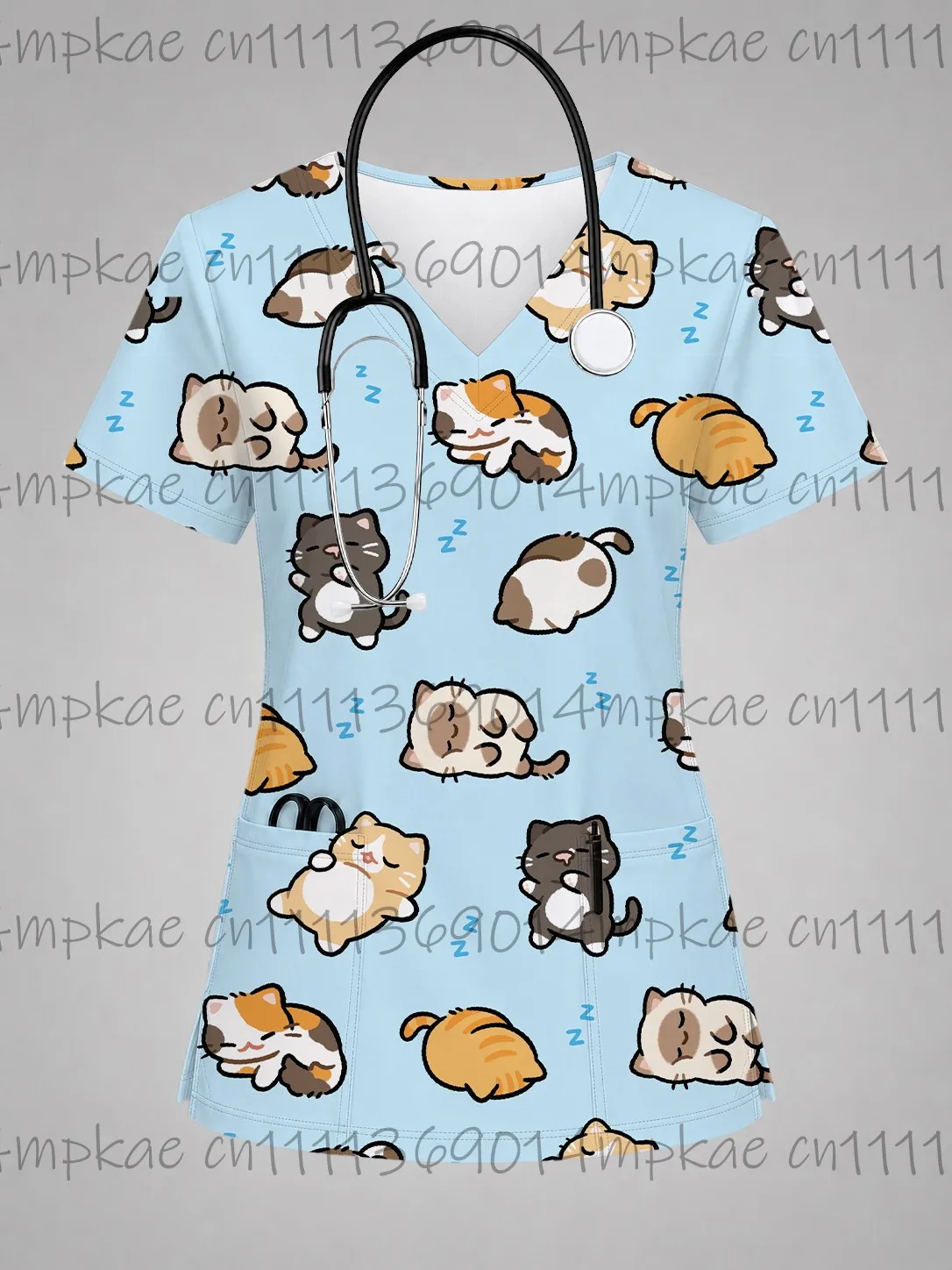 2026 New Summer Women's Cartoon Floral Print Nurse Top Casual V-neck Short Sleeve Frosted Top with Patch Pockets Nurse Uniform