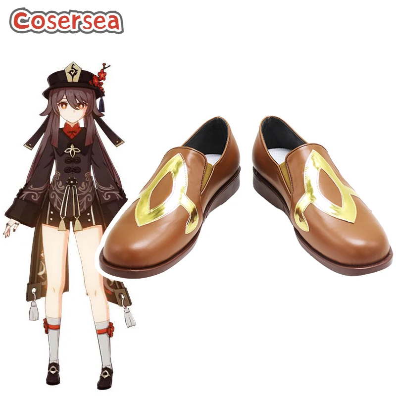 

Cosersea Game Genshin Impact Hutao Cosplay Shoes Female Or Male Flat Heel Hu Tao Women Brown PU Leather Shoe Halloween