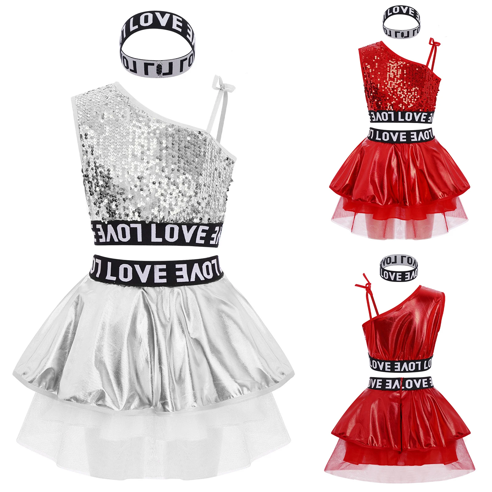 أطفال بنات الهيب هوب ملابس رقص الجاز أطقم ملابس الرقص الحديثة كتف واحد بلا أكمام الترتر سترة مع لامعة توتو تنورة هيرباند