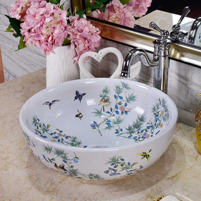 

Blue And White Chinese Antique ceramic sink china wash basin Ceramic Counter Top Wash Basin Bathroom Sinks cabinet bathroom sink