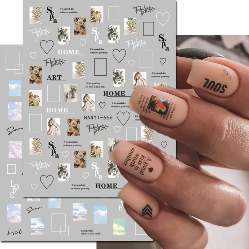 

3d Nail Art Stickers Vintage Photos Rectangle Love Hearts Letters Adhesive Sliders Nails Decals Decorations For Manicures
