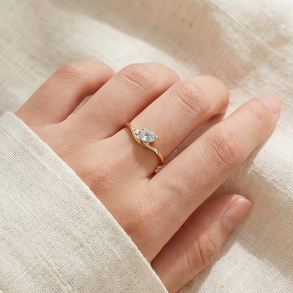 LAMOON Simple Natural Aquamarine Gemstone Ring For Women Classic 925 Sterling Silver Gold Plated Cubic Zircon Fine Jewelry RI414 view 5