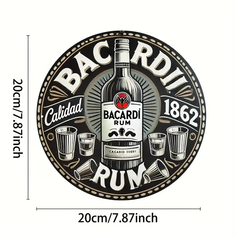 High Definition Wooden Board Painting, Vintage Bacardi Rum Round Wall Art, Retro 1862 Calidad Liquor Decorative Plaque, 2D Flat