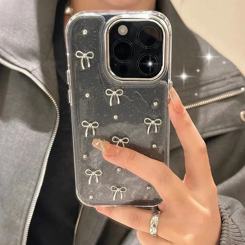 Funda de Teléfono con Lazo 3D Plateado Brillante y Resina Epoxi para iPhone 18 17 16 14 15 Pro Max 13 12, Transparente y Resistente a Impactos