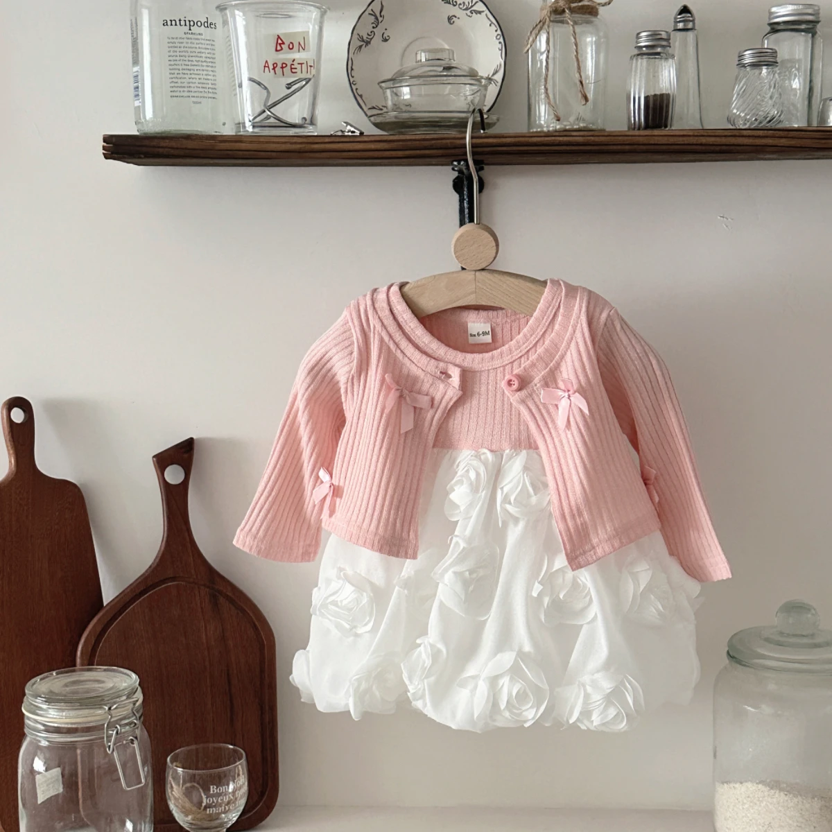 Spring Autumn Korean Style New Fashion Baby Girls Clothes Infant Cute Cardigan Bow Coat+Rose Dress Leisure Comfort 2Pcs/set