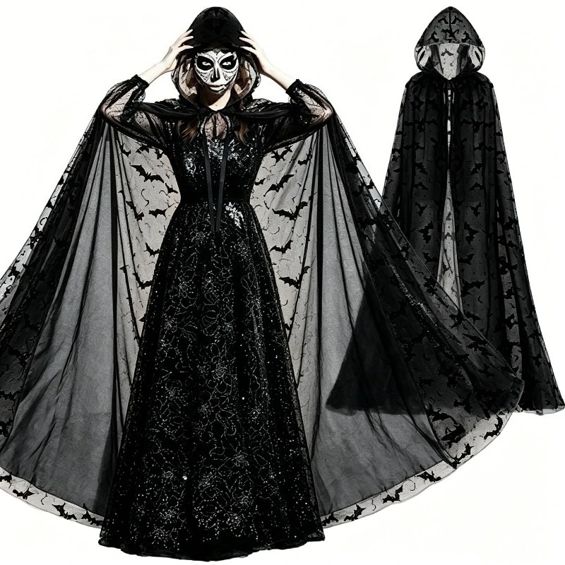 Tulle Cape Halloween Spider Bat Cloak Witch Themed Costume Sheer Dark Printed Shawl Party Cosplay Accessory