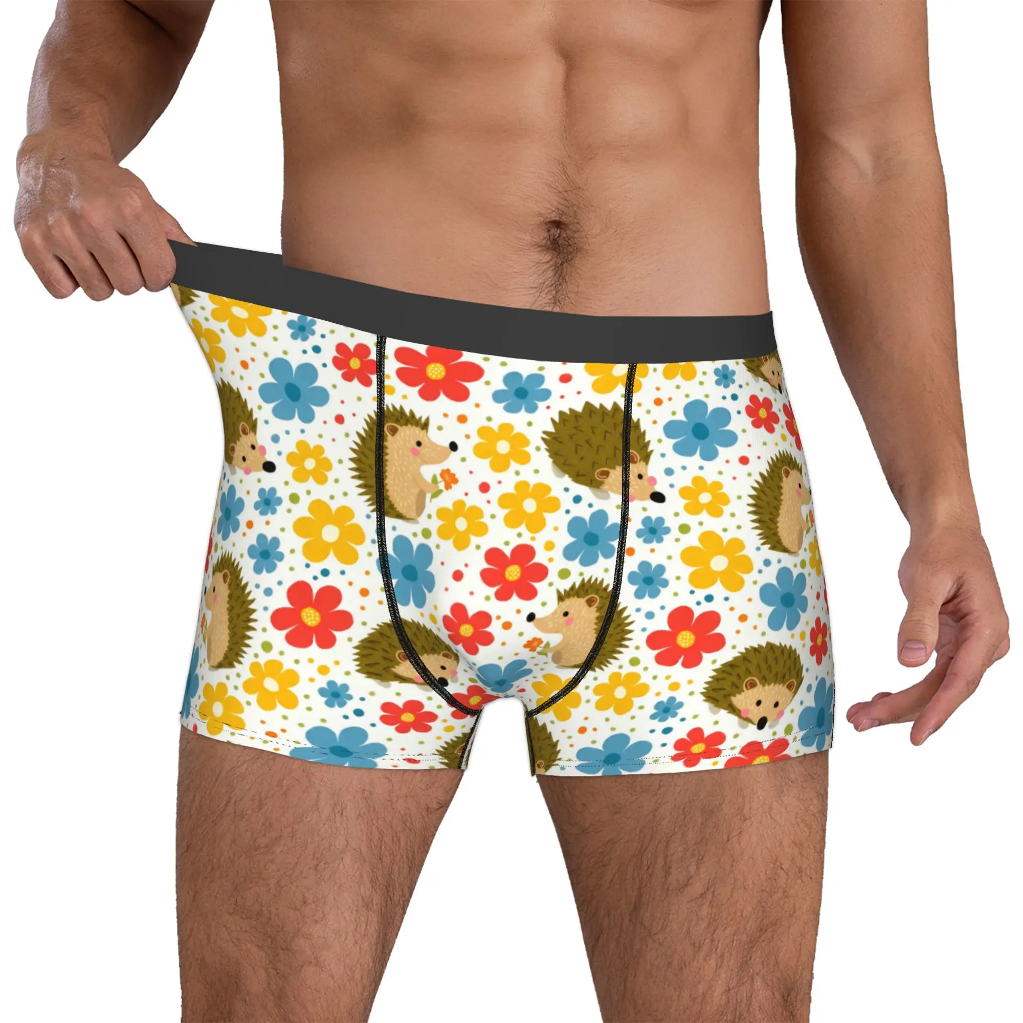 Happy Hedgehog Furze Pig  Boxers Shorts Men Flowers on Ivory  Briefs Underwear Fashion Underpants