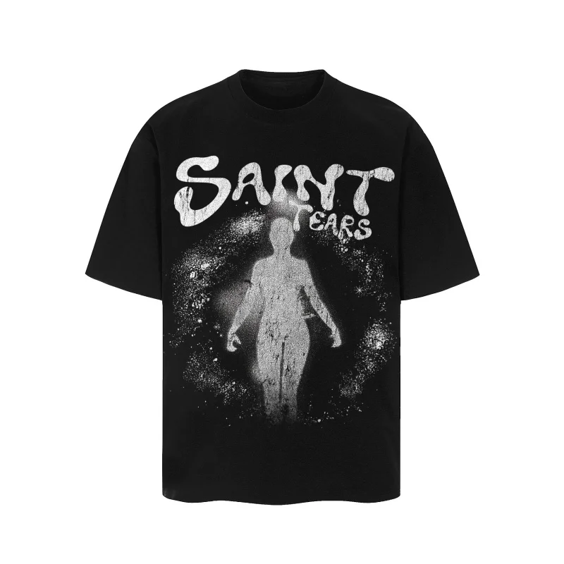 

Новая высококачественная хлопковая мужская женская футболка SAINT с коротким рукавом и принтом персонажей, повседневная черная уличная футболка с круглым вырезом