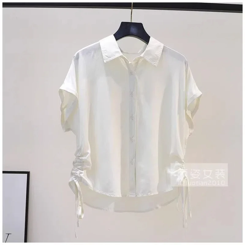 Drawstring Striped Street Casual Short Shirt Tops Summer New Short Sleeve Polo Neck Fashion Blouse Vintage Elegant Women Clothes