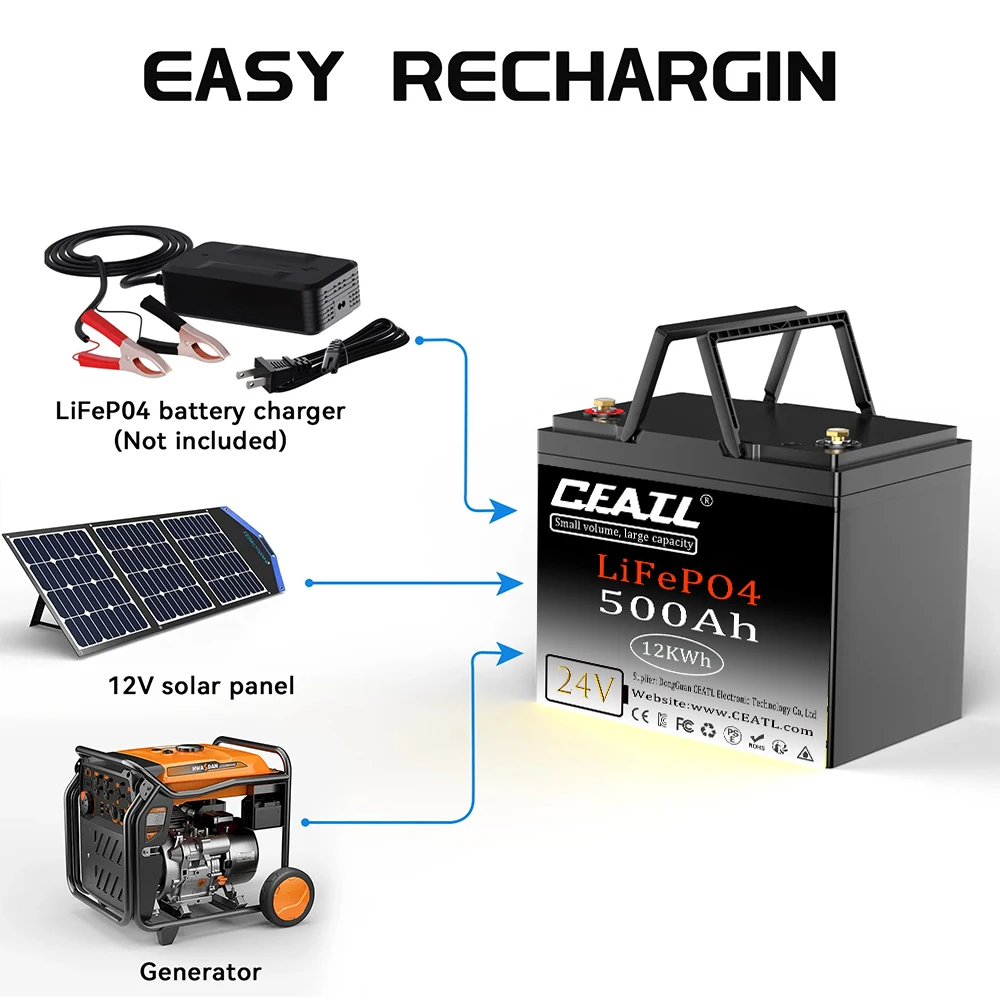 

LiFePO4 Lithium Battery 24V12000Wh 500Ah, Built-in 200A BMS, Rechargeable Battery, for RV/Camper, Solar, Marine, Overland/V