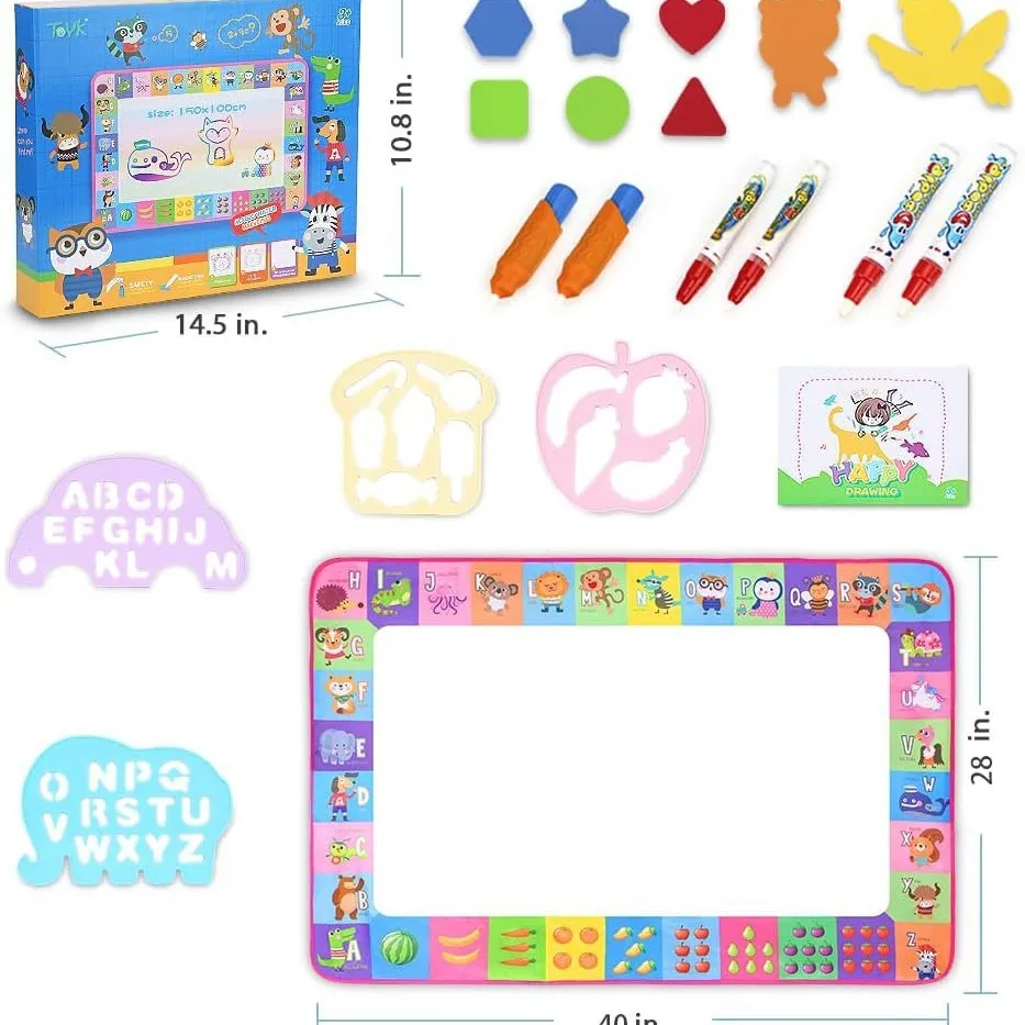 Colorful Kids Water Drawing Mat 100x70cm Cartoon Painting Pad Reusable Doodle Water Writing Cloth Color Box Pack for Ages 4 to 6