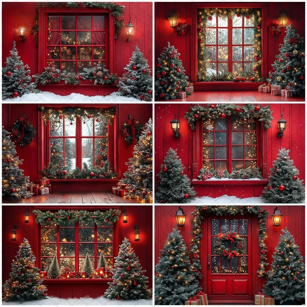 

Christmas Photography Background Xmas Tree Red Door Window Snow Decoration Children Adult Family Holiday Party Backdrop