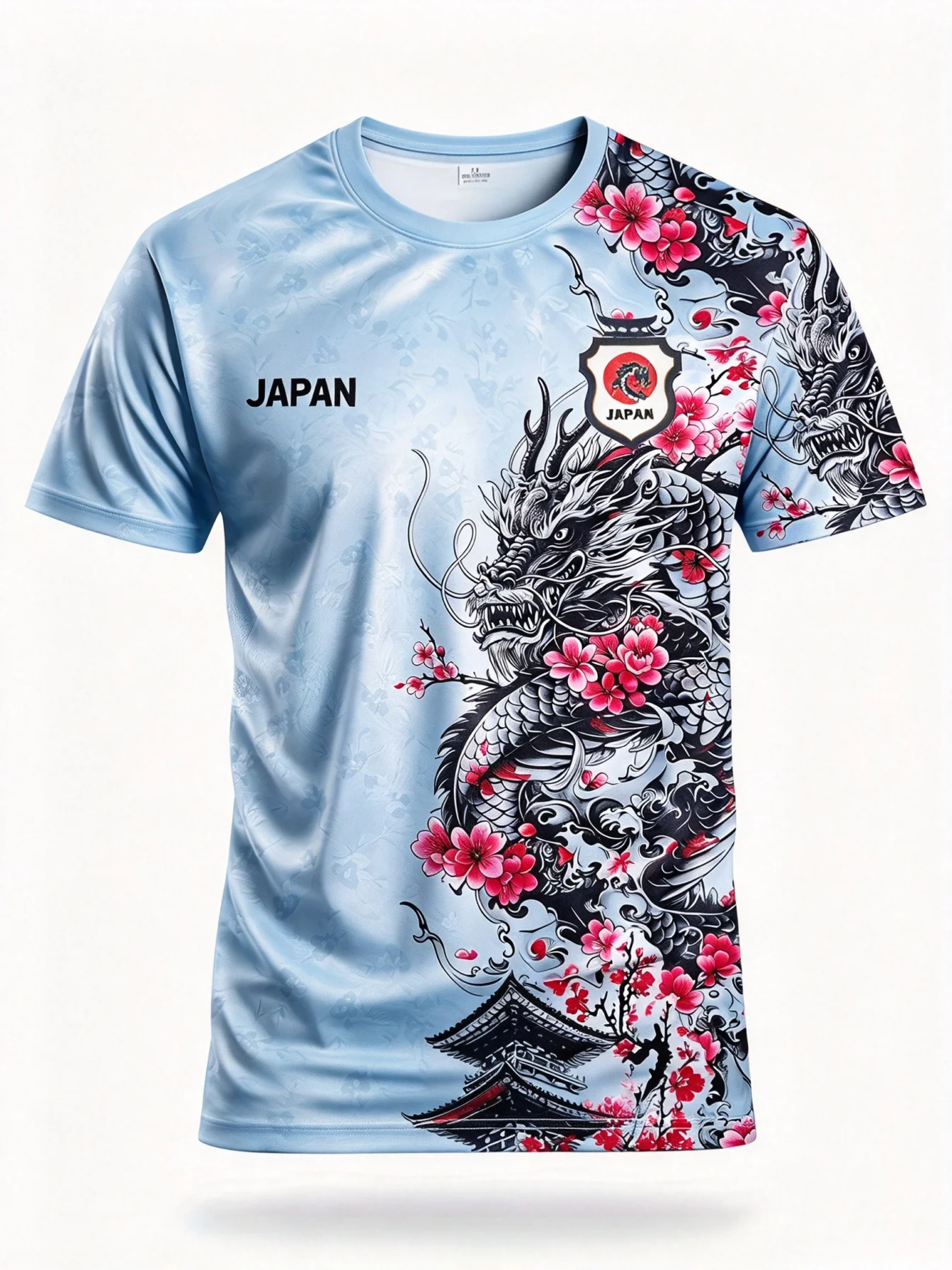 Men's Japanese Dragon Cherry Blossom Graphic T‑Shirts, Traditional Art Short Sleeve Crew Neck Casual Sports Tee