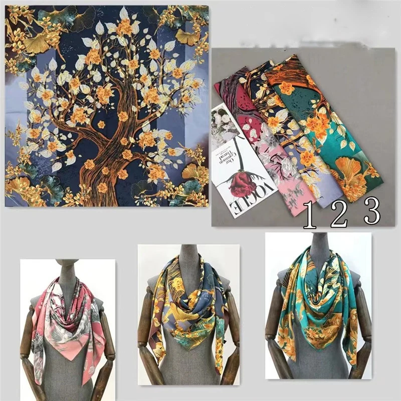 Luxury 130cm Twill Silk Satin Square Scarf Women Print Hijabs Bandana Headband Ladies Shawls Neckerchief Foulard Female Bow Ties