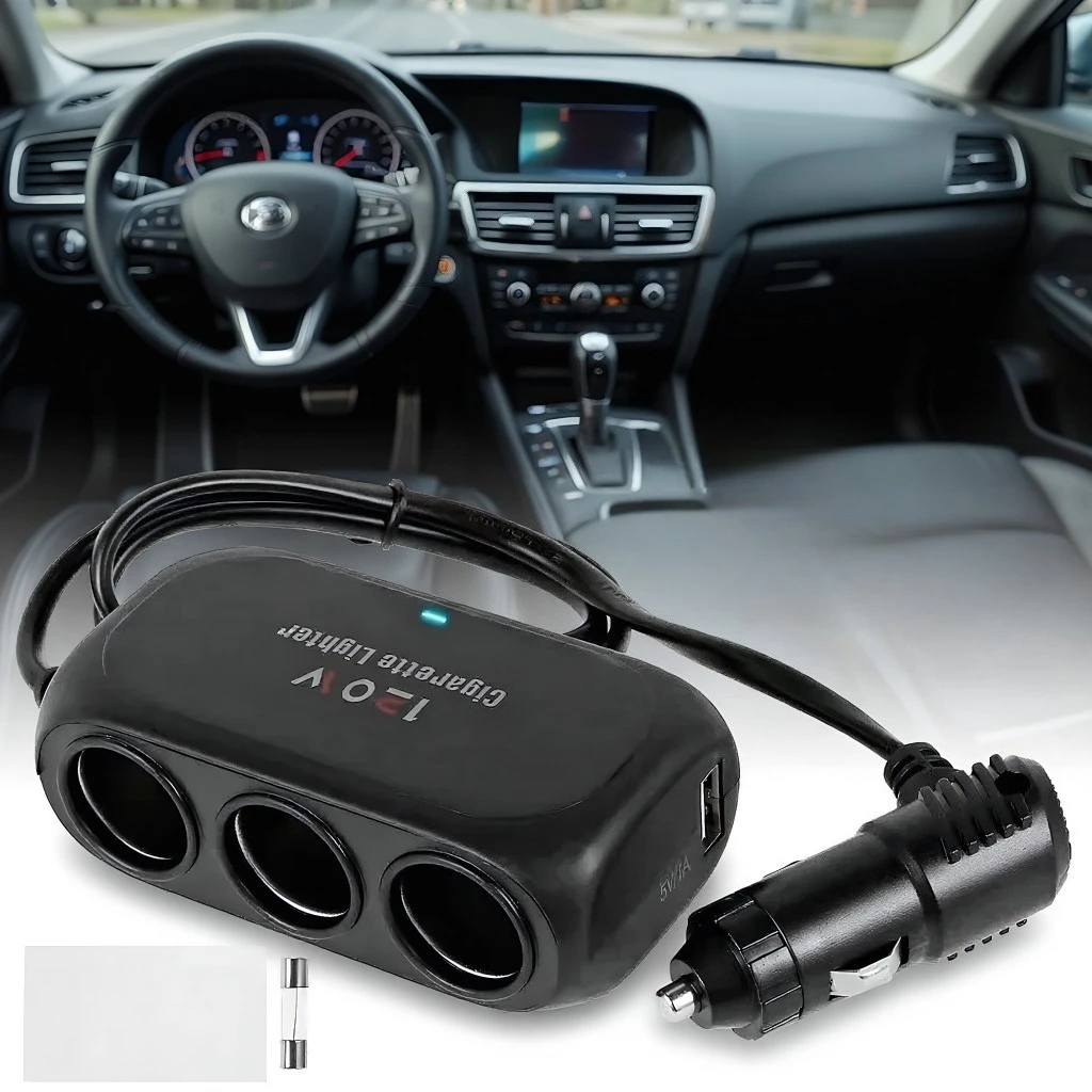 

Triple Port 12V 24V Car Charger with Dual USB Fast Charging and LED Light for iPhone Android GPS Dash Cam