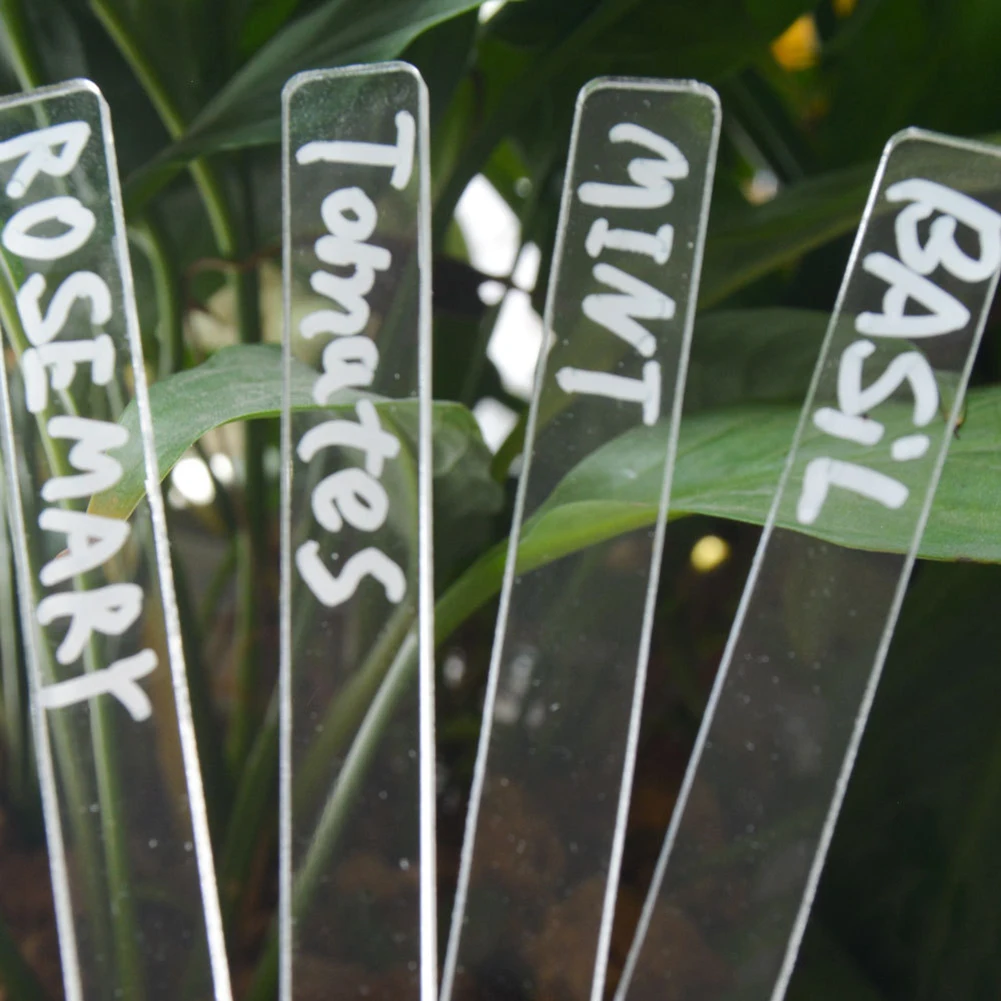 12pcs Herb Sign Plant Label Marker Pen Sets Flower Pot Plant Tag Transparent Acrylic T-Type Transparent For Gardening Decoration