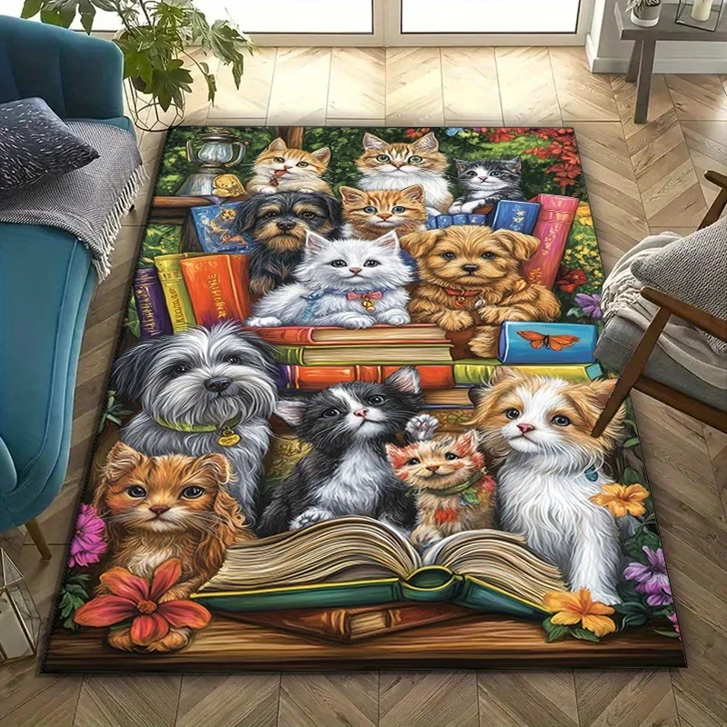 2D Pet Book Club Area Rug for Bedroom Living Room Office Non Slip Washable Floor Mat Home Decorative Soft Carpet for Indoor Use