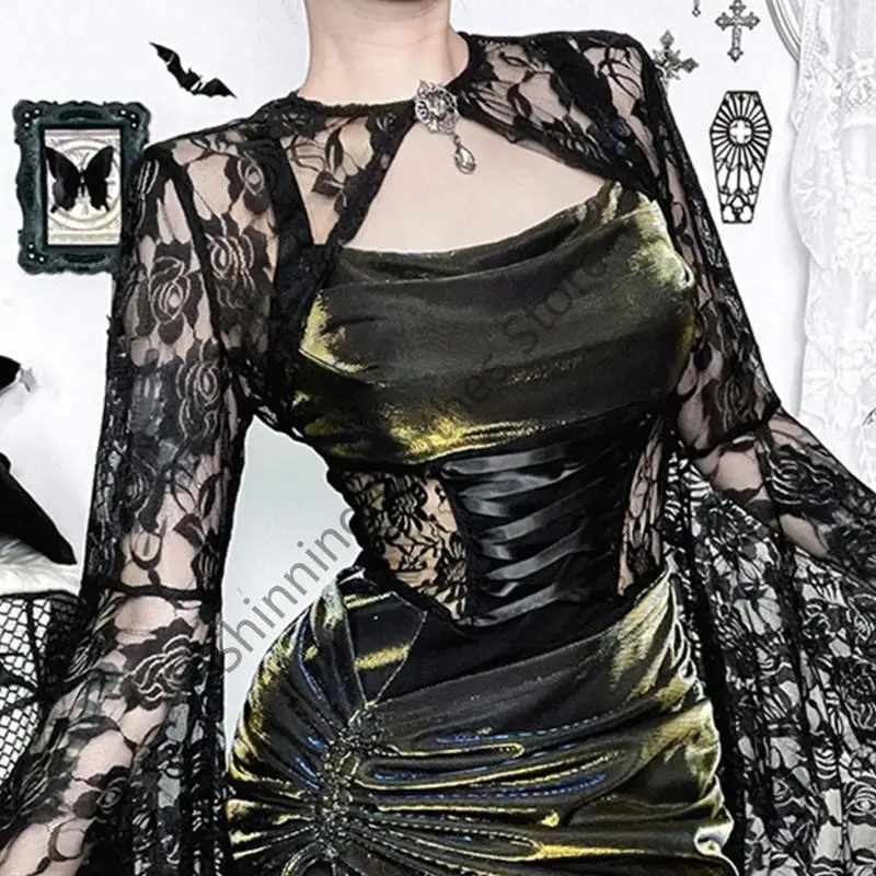 M68A القوطية الدانتيل أجنحة الخفاش كم غير المتكافئة هيم بلوزات الصيف خفيفة الوزن للنساء البوليستر بلوزة غير رسمية #3