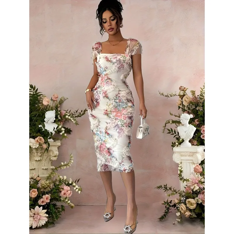 Prom Dress Evening Wedding Guest Party Dresses Long Floral Print Maxi Dress Off Shoulder Ruffle Trim Dress High Waist Sheer